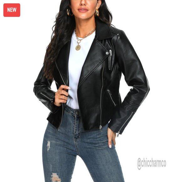 Women's Vegan Faux Leather Moto Jacket Lightweight Biker Coat Size XL